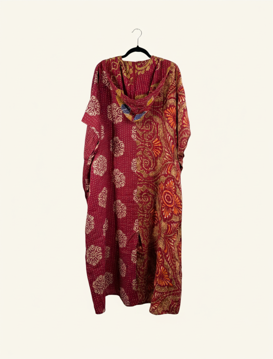 She Lives Beauty Petite Dahlia jumpsuit in red vintage kantha cotton with intricate floral patterns and hood