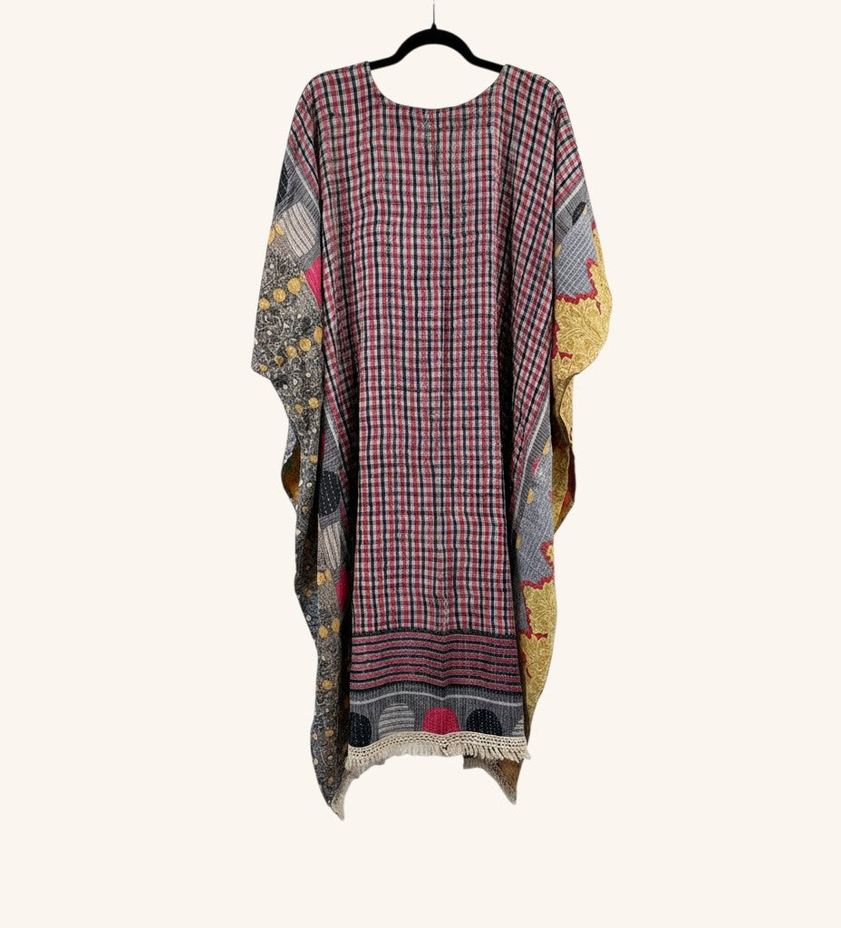 She Lives Beauty La Isla Bonita reversible Kantha top in vintage cotton with bohemian plaid and floral patterns.