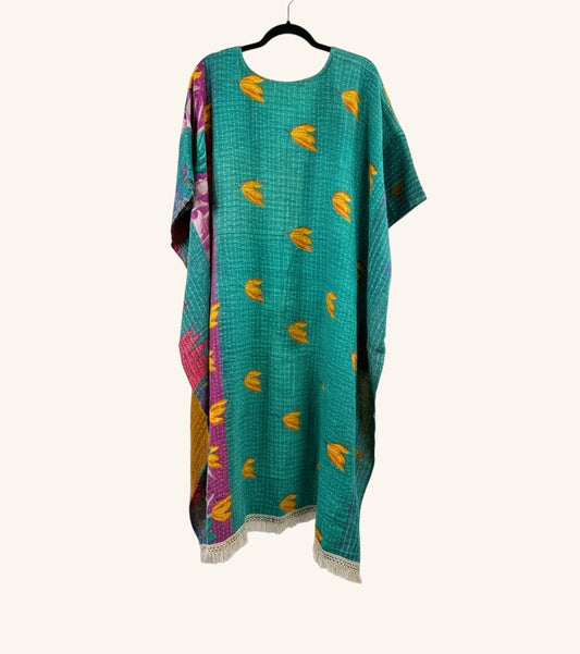 She Lives Beauty reversible Kantha top in green vintage cotton with yellow floral print and fringe hem detail.