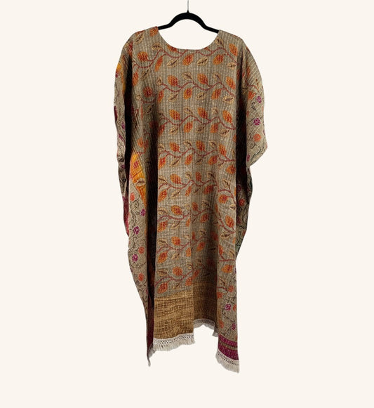 She Lives Beauty reversible Kantha top in vintage cotton with orange and brown leaf patterns and fringe hem detail.
