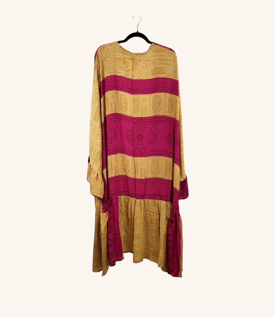 She Lives Beauty Dream Weaver kimono in mustard yellow and magenta vintage silk with ruffle sleeves and geometric print.
