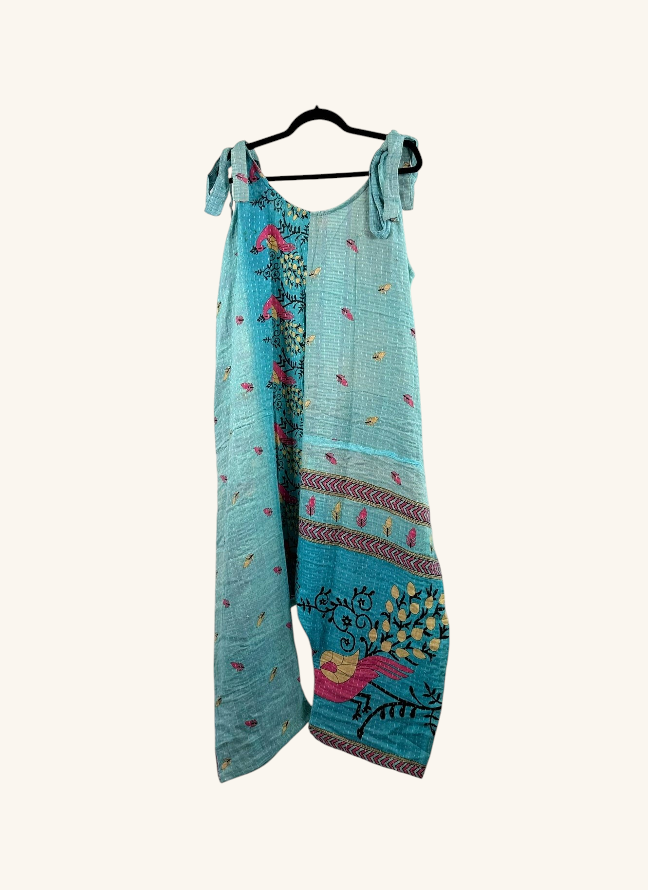She Lives Beauty Becoming Wild harem jumpsuit in teal vintage kantha cotton with floral and bird embroidery patterns.