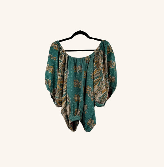 She Lives Beauty Wildflower Bloom Kantha top in teal vintage cotton with bubble sleeves and bohemian floral print