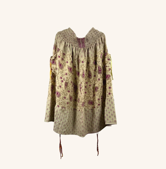 She Lives Beauty Earthbound midi skirt in vintage cotton with paisley kantha stitching and adjustable leg cinches.