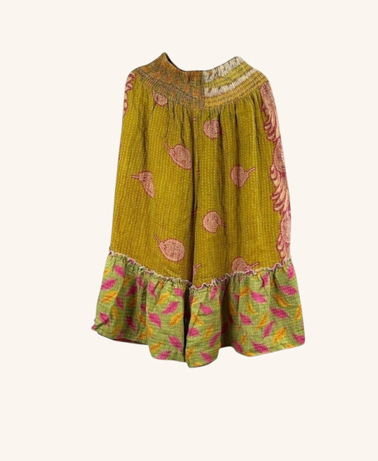 She Lives Beauty Anything for Selenas bloomers in olive green vintage kantha cotton with pink leaf print and ruffle hem