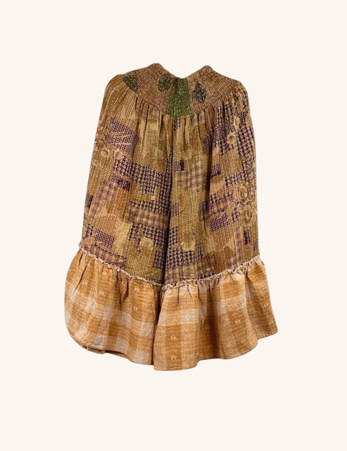 She Lives Beauty Anything for Selenas Bloomers in vintage kantha cotton with a ruffled hem and earth-tone patchwork.