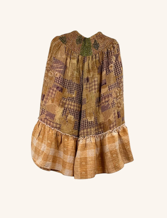 She Lives Beauty Anything for Selenas Bloomers in vintage kantha cotton with a ruffled hem and earth-tone patchwork.