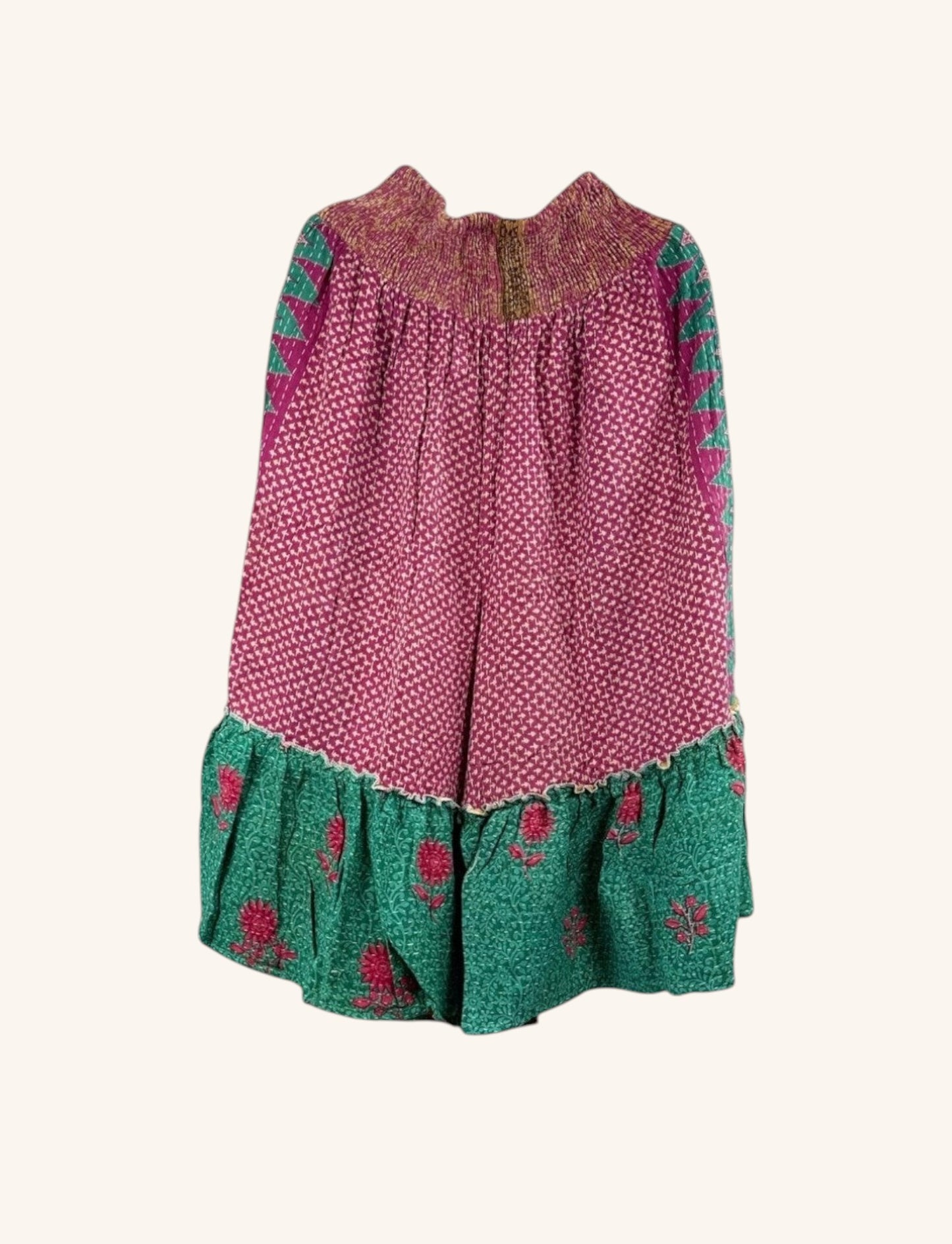 She Lives Beauty Anything for Selenas bloomers in pink and green vintage kantha cotton with an oversized ruffle hem.