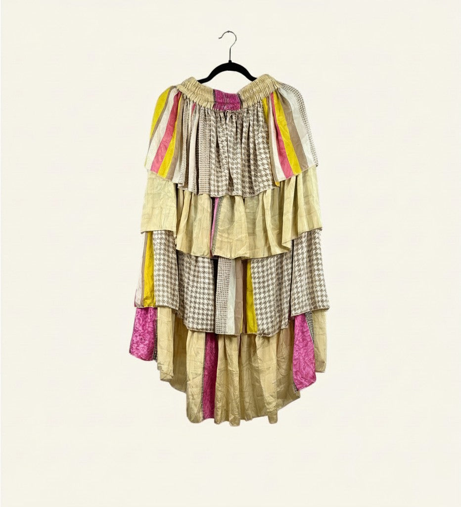 She Lives Beauty Ruffle Muse hi-lo skirt made from vintage Rasgulla silk with multi-colored patterns and ruffles.