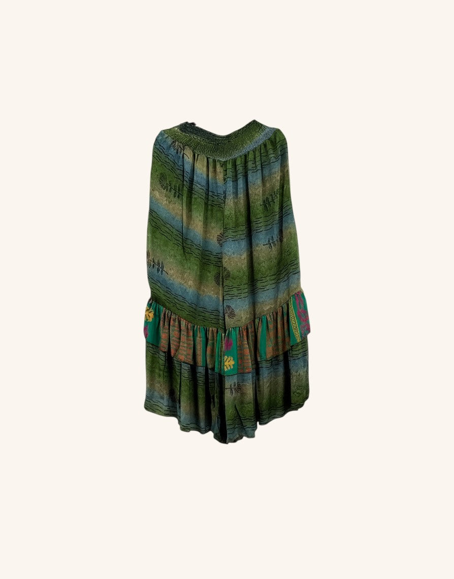 She Lives Beauty Gypsy Moon vintage rasgulla silk pants in green with double ruffle hem and bohemian print