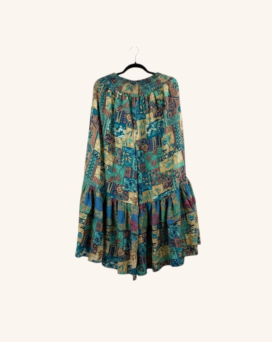 She Lives Beauty Gypsy Moon pants in vintage rasgulla silk with a bohemian patchwork print and double ruffle hem.