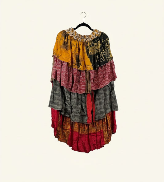She Lives Beauty Ruffle Muse hi-lo skirt made from vintage multi-colored Rasgulla silk with cascading ruffled tiers.