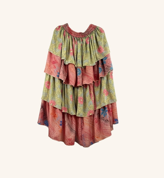 She Lives Beauty vintage silk hi-lo skirt with tiered ruffles in floral yellow and coral patterns
