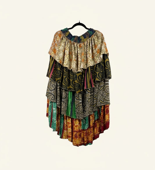She Lives Beauty Ruffle Muse hi-lo skirt made from vintage multicolored Rasgulla silk with cascading ruffled layers.