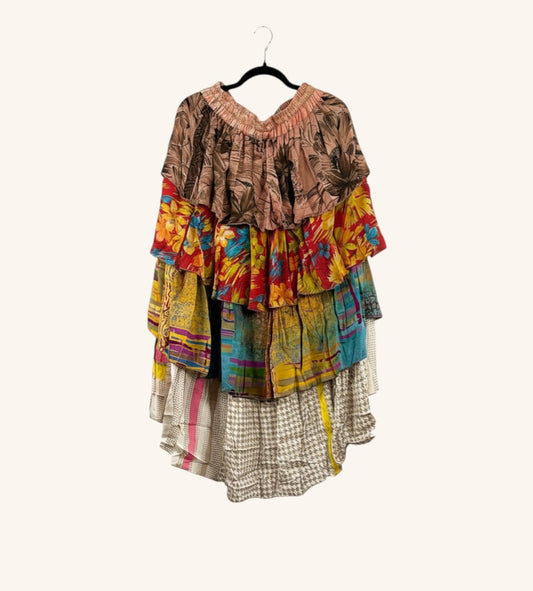 She Lives Beauty Ruffle Muse hi-lo skirt made from vintage multicolored Rasgulla silk with cascading ruffled layers.