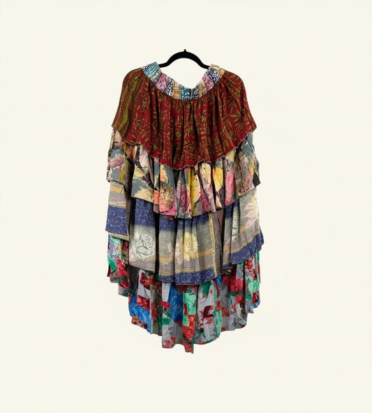 She Lives Beauty Ruffle Muse hi-lo skirt made from vintage multicolored Rasgulla silk with cascading ruffled layers.