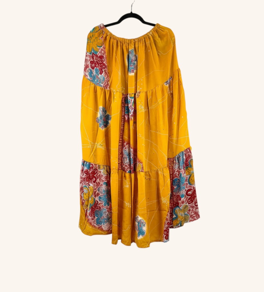 She Lives Beauty Prairie Soul maxi skirt in yellow vintage Rasgulla silk with floral kantha stitching and tiered design