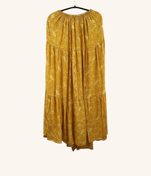 She Lives Beauty yellow vintage Rasgulla silk maxi skirt with tiered design and intricate bohemian paisley print