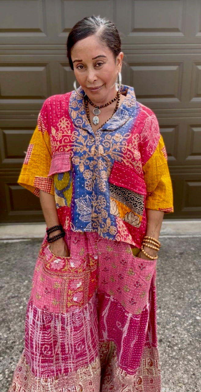 Perla Button Down Short Sleeve Kantha Top