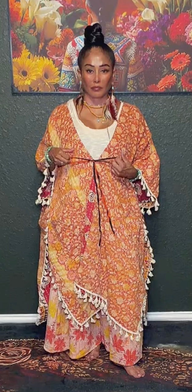 Reversible Long Sleeve Willow Fringe Kantha Kimono