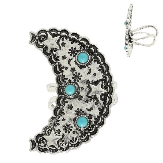 Western Star Patterned Crescent Moon Cuff Ring
