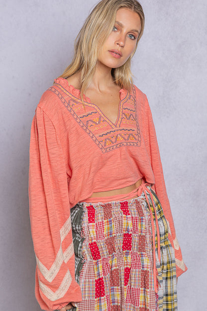 V-Neck Cropped Long Sleeve Top