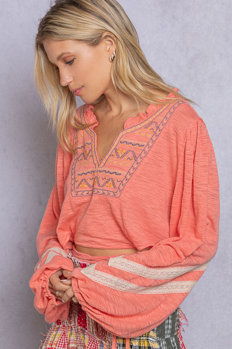 V-Neck Cropped Long Sleeve Top
