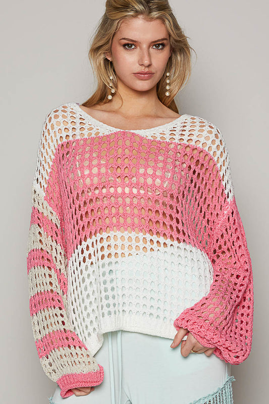 V-Neck Back Tie Long Sleeve Oversized Fish Net Sweater