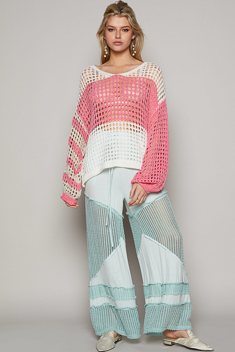 V-Neck Back Tie Long Sleeve Oversized Fish Net Sweater