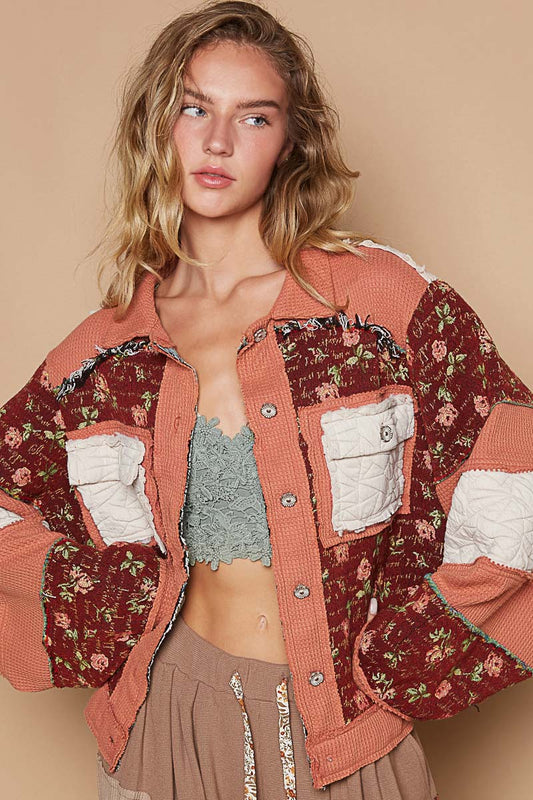 Burgundy Flowers Long Sleeve Relaxed Fit Jacket