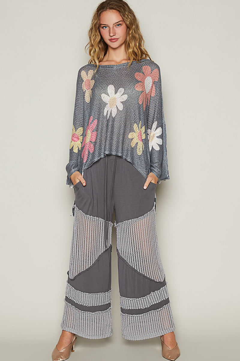 Charcoal 3/4 Relaxed Sleeve Flower Top