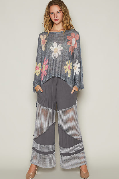 Charcoal 3/4 Relaxed Sleeve Flower Top