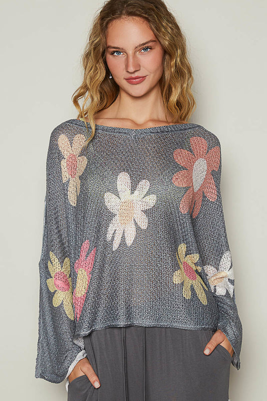 Charcoal 3/4 Relaxed Sleeve Flower Top