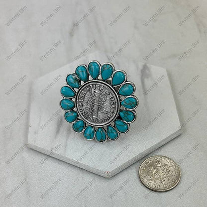 RGY251230-05-02                     Silver metal with blue turquoise stone coin shape Ring