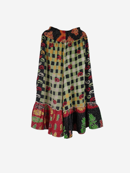 She Lives Beauty Anything for Selenas pants in vintage kantha cotton with a green gingham print and ruffle hem.