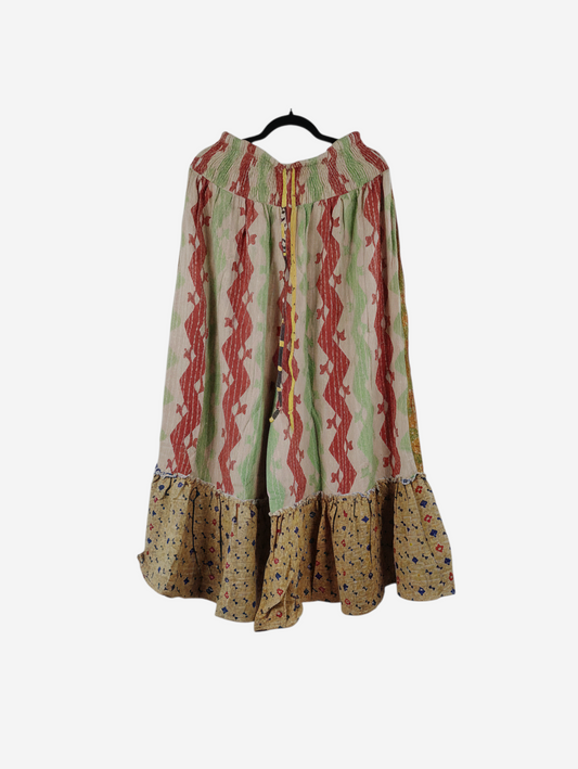 She Lives Beauty Anything for Selenas pants in vintage Kantha cotton with a red and green print and ruffled hem.
