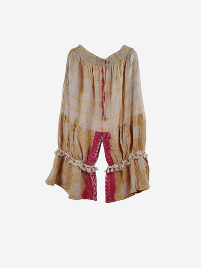She Lives Beauty Heritage Whisper Kantha bloomers made from vintage cotton saris with pink and beige patchwork detail.