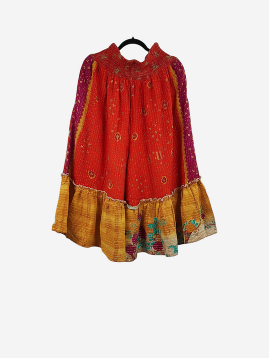 She Lives Beauty Anything for Selenas Bloomers in red and yellow vintage kantha cotton with an oversized ruffle hem.