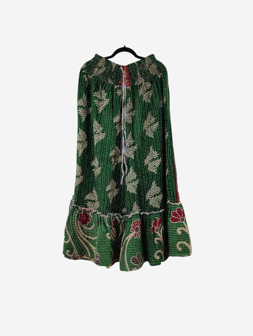 She Lives Beauty Anything for Selenas pants in green vintage kantha cotton with floral prints and a ruffled hem.