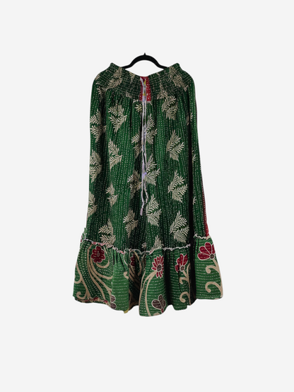 She Lives Beauty Anything for Selenas pants in green vintage kantha cotton with floral prints and a ruffled hem.
