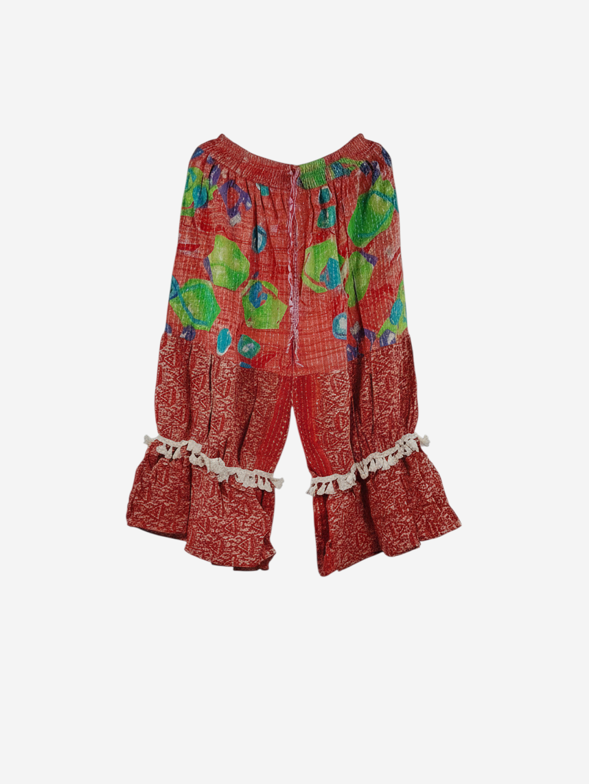 She Lives Beauty Heritage Whisper Kantha bloomers in red vintage cotton sari fabric with floral prints and lace trim