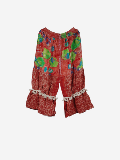She Lives Beauty Heritage Whisper Kantha bloomers in red vintage cotton sari fabric with floral prints and lace trim