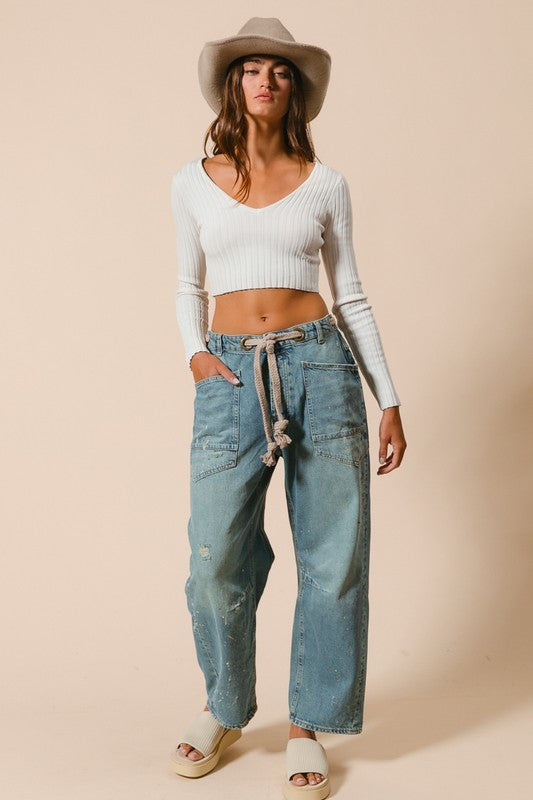 Braided Waist Belt Washed Denim Pants