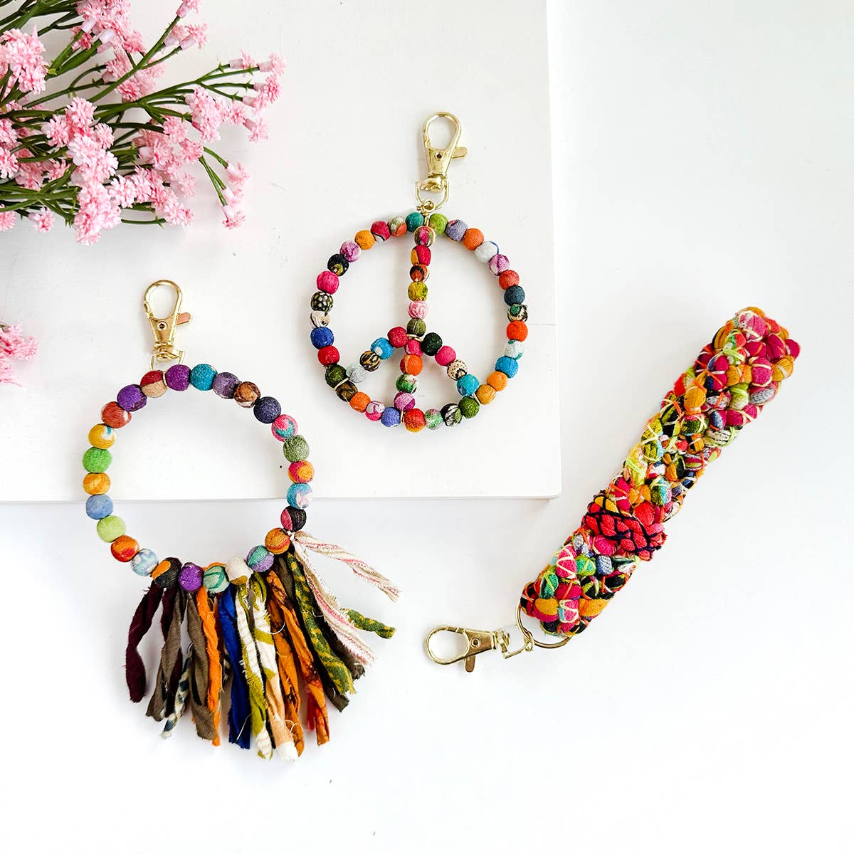 Kantha Peace Symbol Keychain Bag Charm