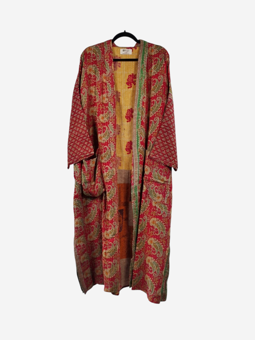 She Lives Beauty Starlit Wanderer long kimono in red and yellow vintage kantha stitched cotton with paisley patterns