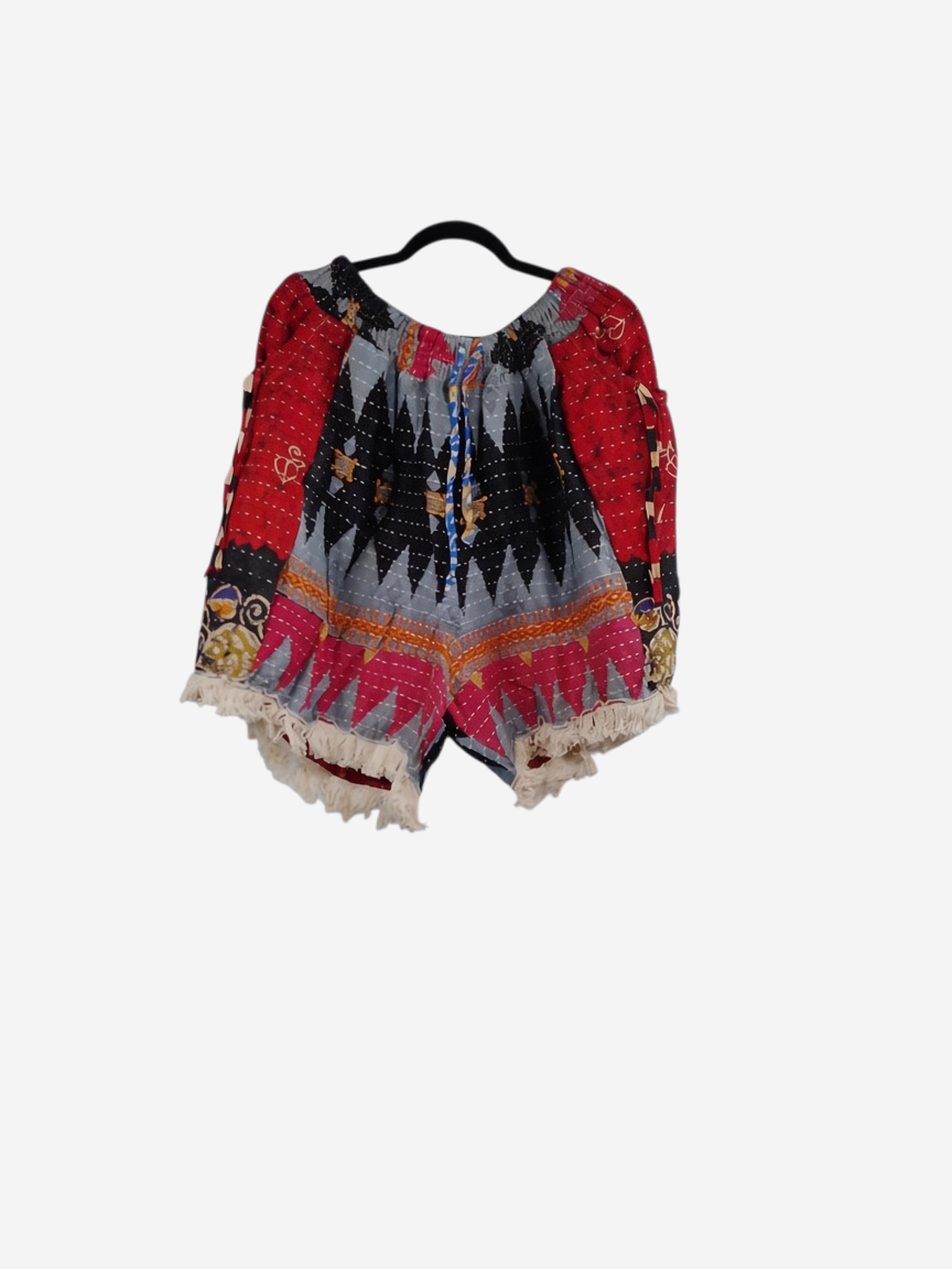 She Lives Beauty Alma Kantha fringe shorts in multicolored vintage cotton with bohemian patterns and stitched detail.