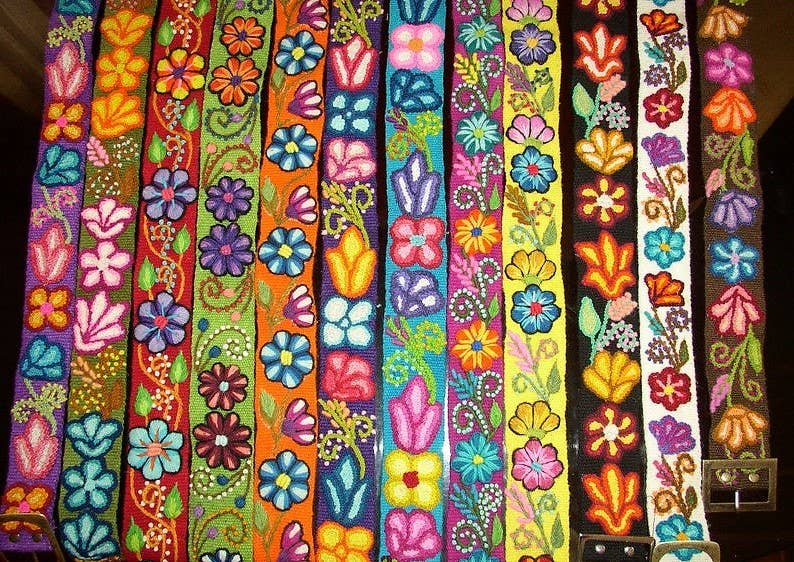 Peruvian Wool Embroidered Flowers Belt