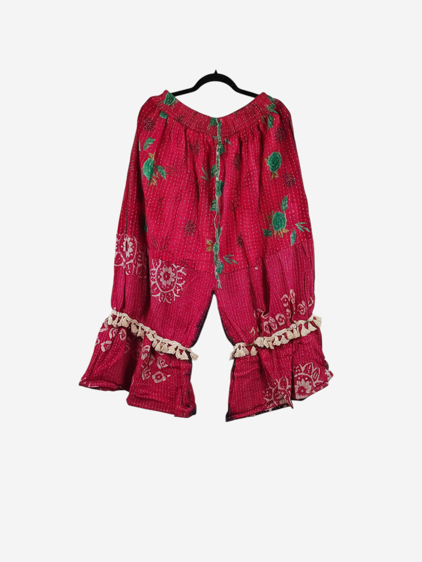 She Lives Beauty Heritage Whisper Kantha bloomers in red vintage cotton with floral prints and tassel trim details.