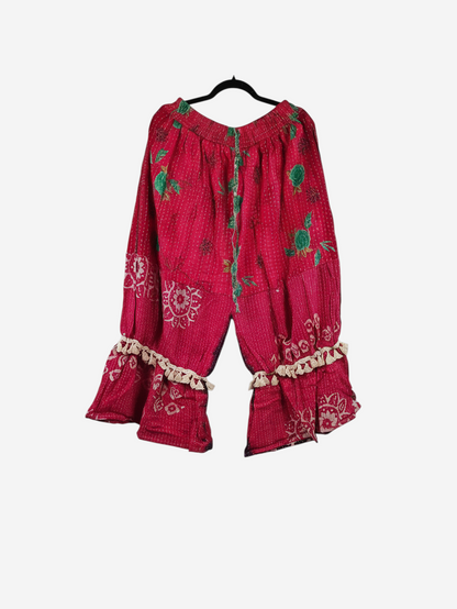 She Lives Beauty Heritage Whisper Kantha bloomers in red vintage cotton with floral prints and tassel trim details.