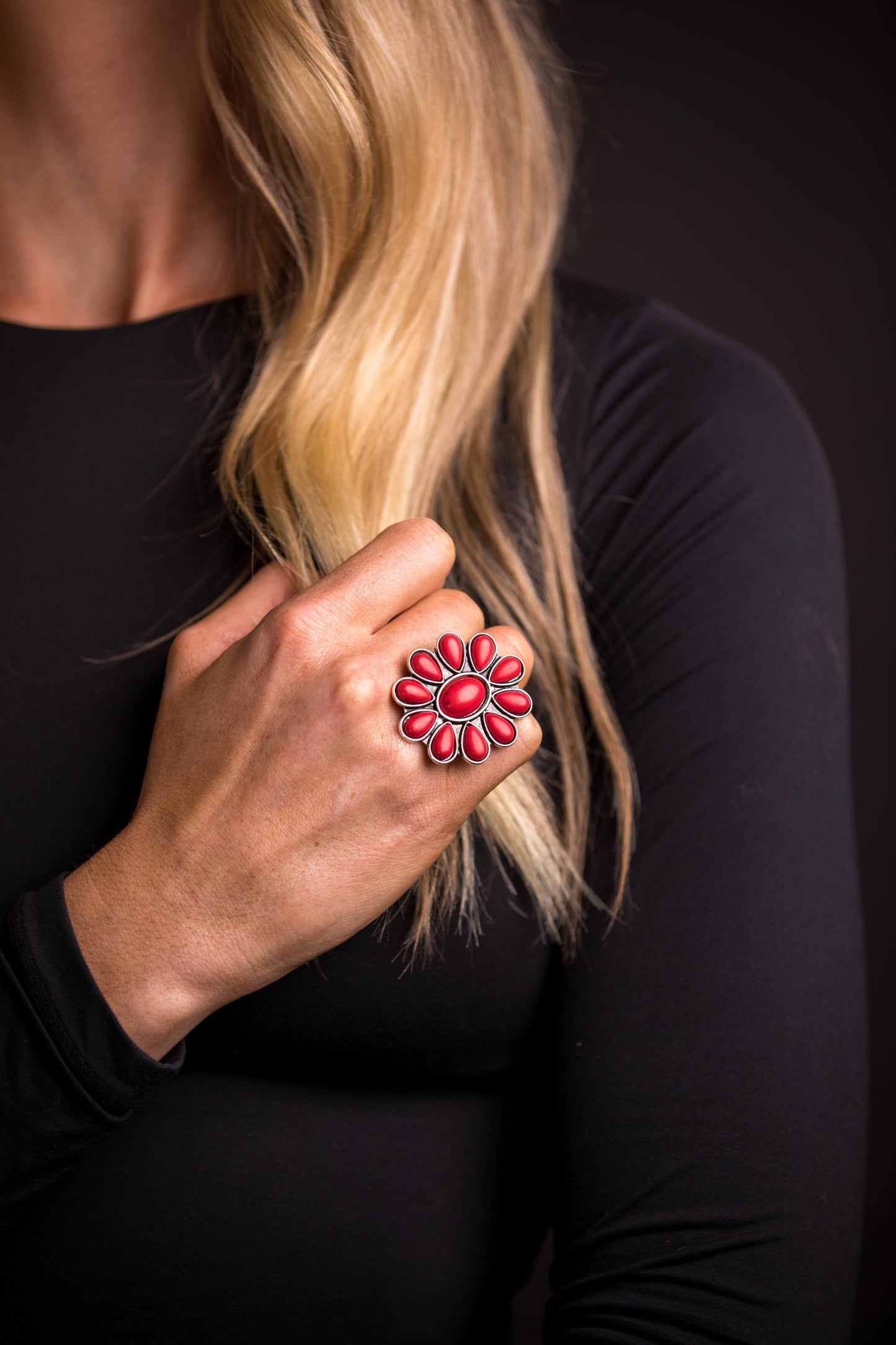 Adjustable..Red  Flower Cluster Ring
